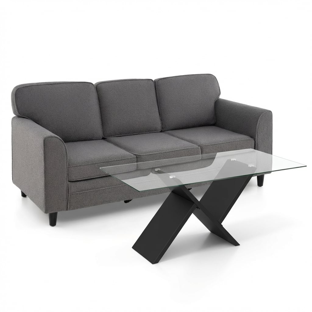 Modern 3-Seat Teddy Velvet Sofa, 47-Inch Glass Coffee Table Living Room at Gallery Canada