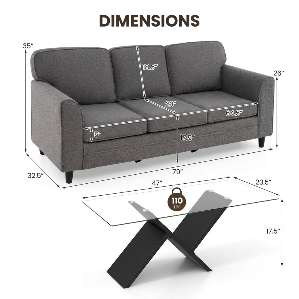 Modern 3-Seat Teddy Velvet Sofa, 47-Inch Glass Coffee Table Living Room at Gallery Canada