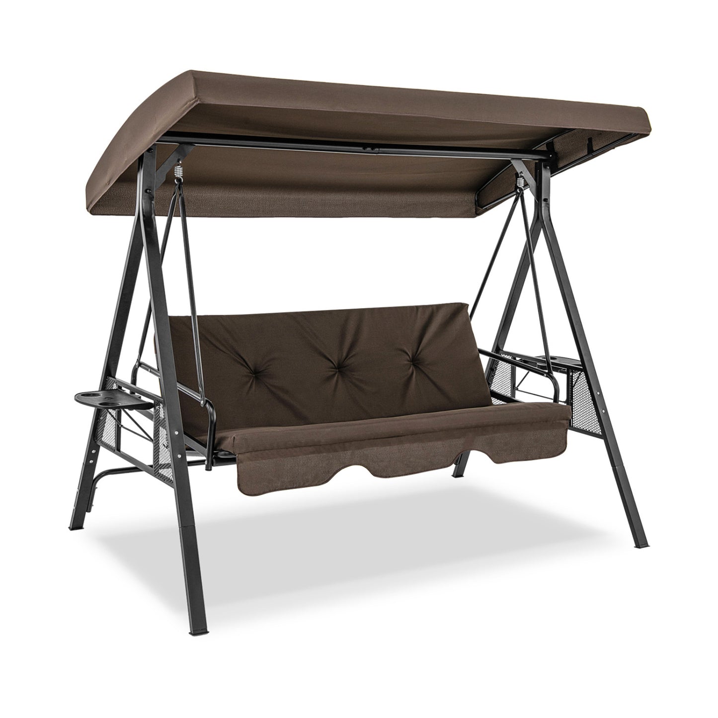 Chaise Balançoire 3 Places Convertible en Lit Plat, Toile d'Ombre Ajustable, Marron