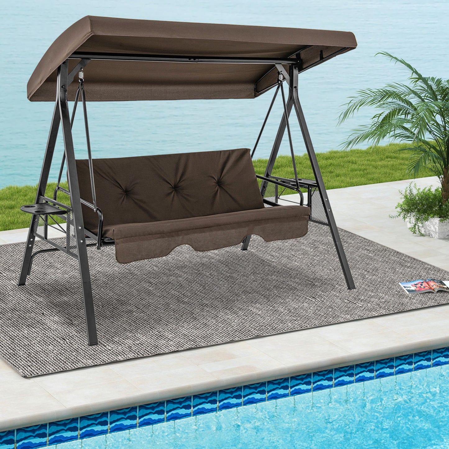Chaise Balançoire 3 Places Convertible en Lit Plat, Toile d'Ombre Ajustable, Marron