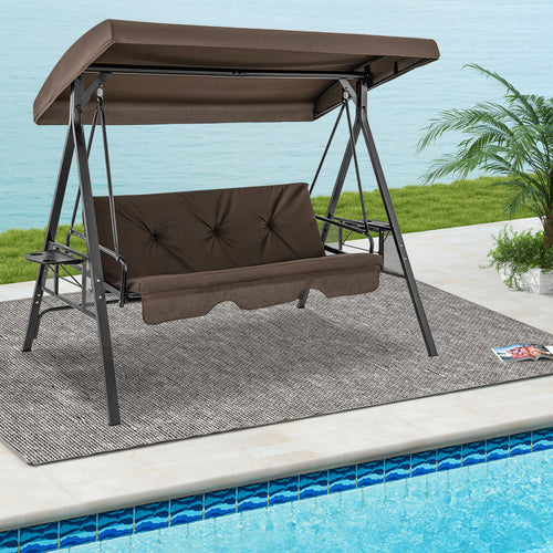 Convertible 3-Seat Swing Chair To Flat Bed, Adjustable Canopy, Brown