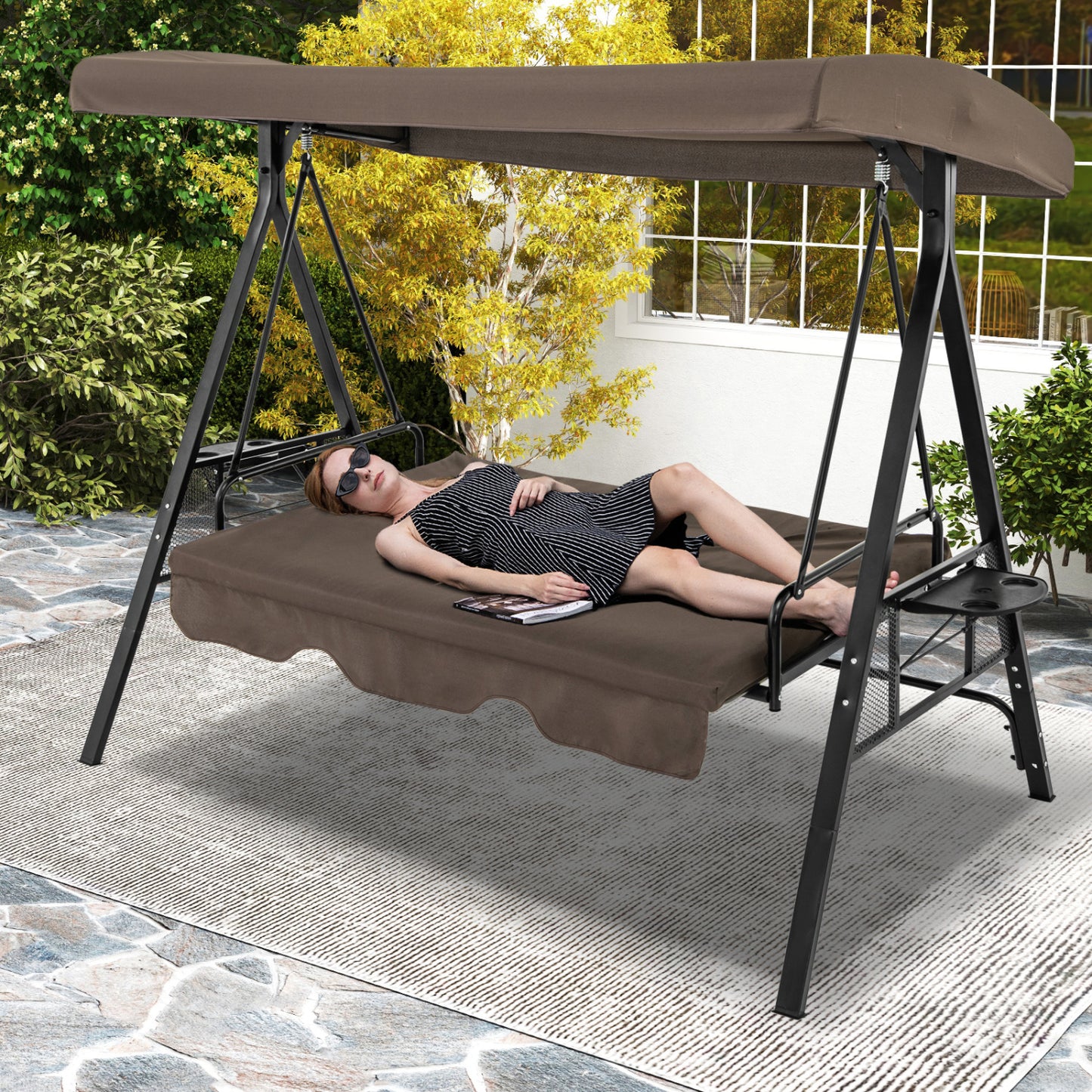 Chaise Balançoire 3 Places Convertible en Lit Plat, Toile d'Ombre Ajustable, Marron