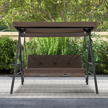 Chaise Balançoire 3 Places Convertible en Lit Plat, Toile d'Ombre Ajustable, Marron