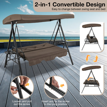Chaise Balançoire 3 Places Convertible en Lit Plat, Toile d'Ombre Ajustable, Marron