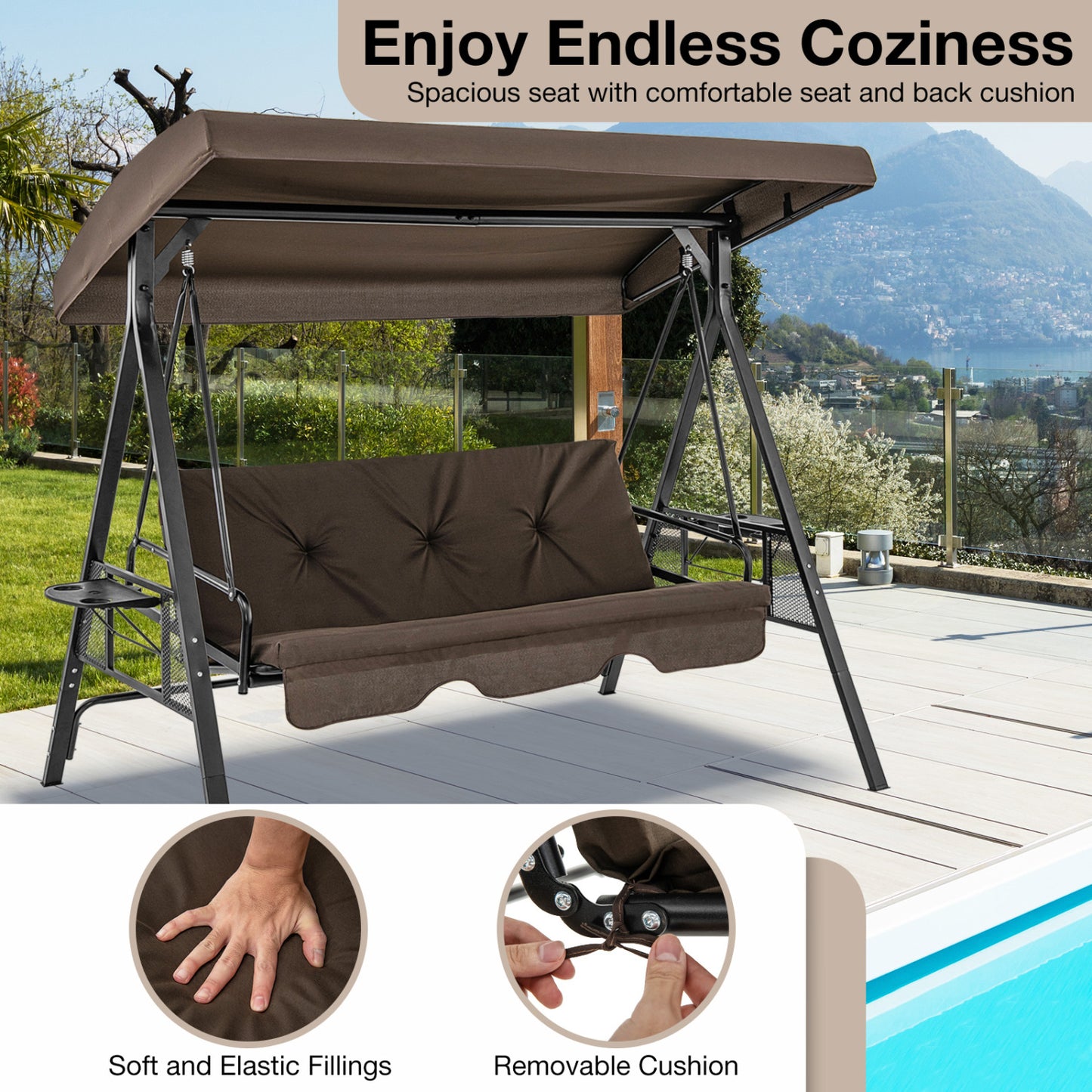 Chaise Balançoire 3 Places Convertible en Lit Plat, Toile d'Ombre Ajustable, Marron
