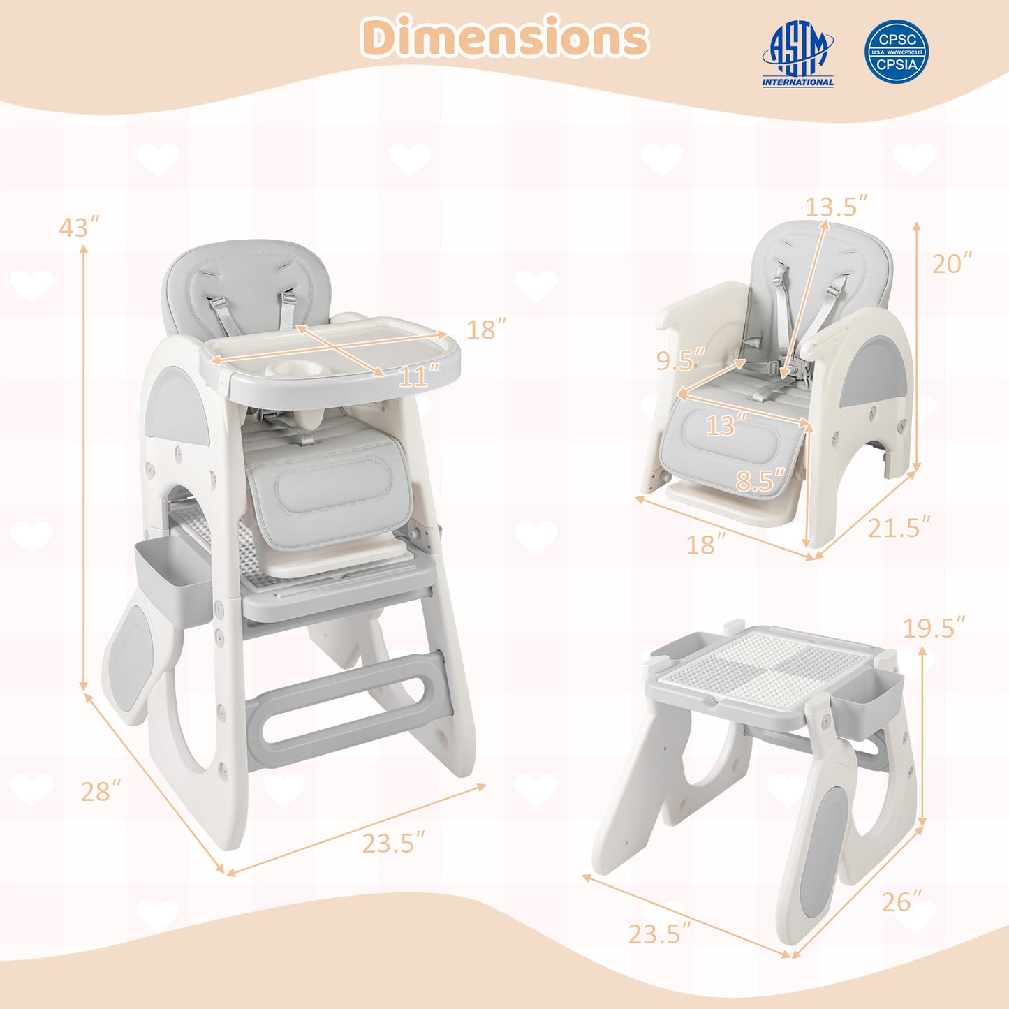 Convertible Baby High Chair with Double-layer Tray and Adjustable Backrest-Grey, Gray High Chairs at Gallery Canada