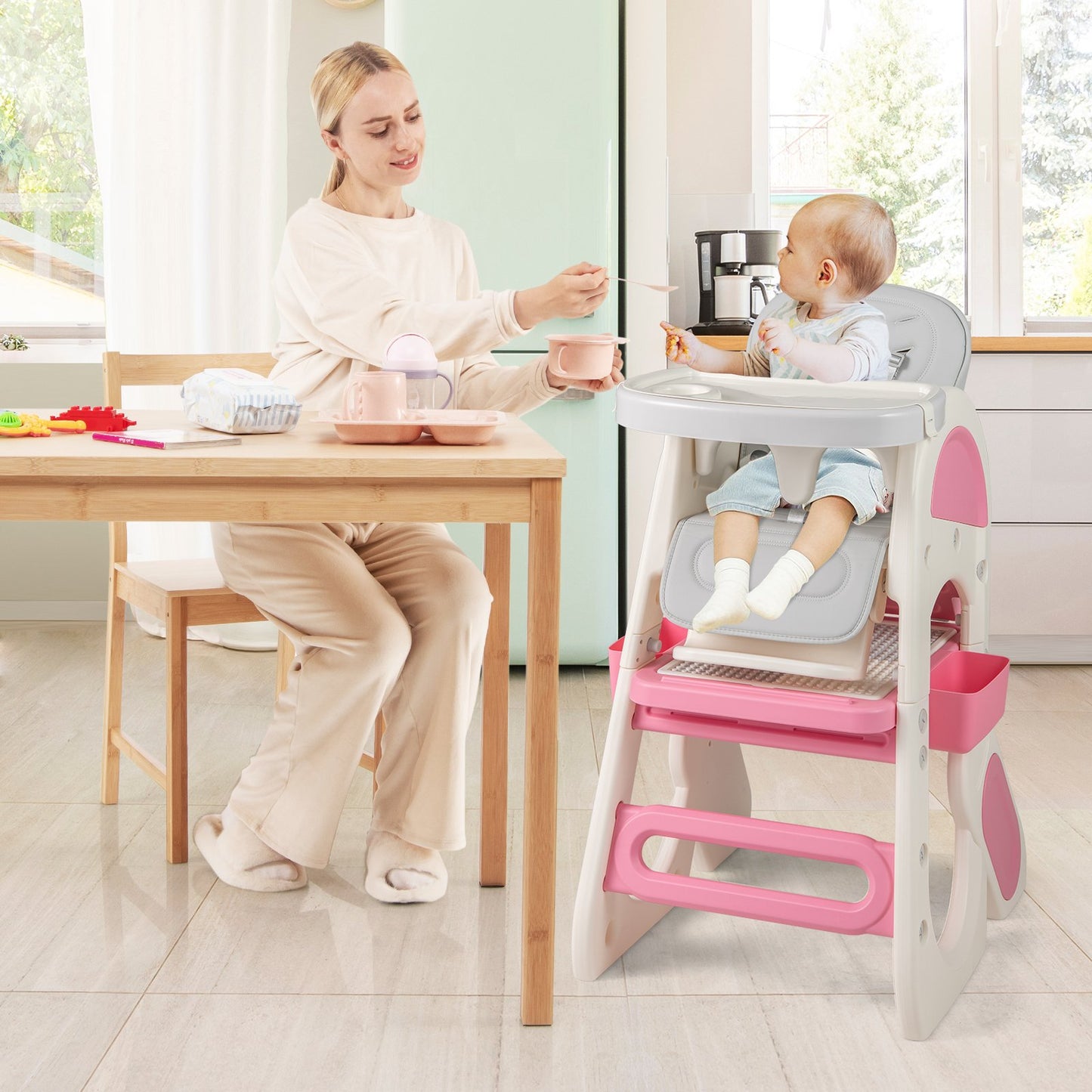 Convertible Baby High Chair with Double-layer Tray and Adjustable Backrest, Pink High Chairs at Gallery Canada