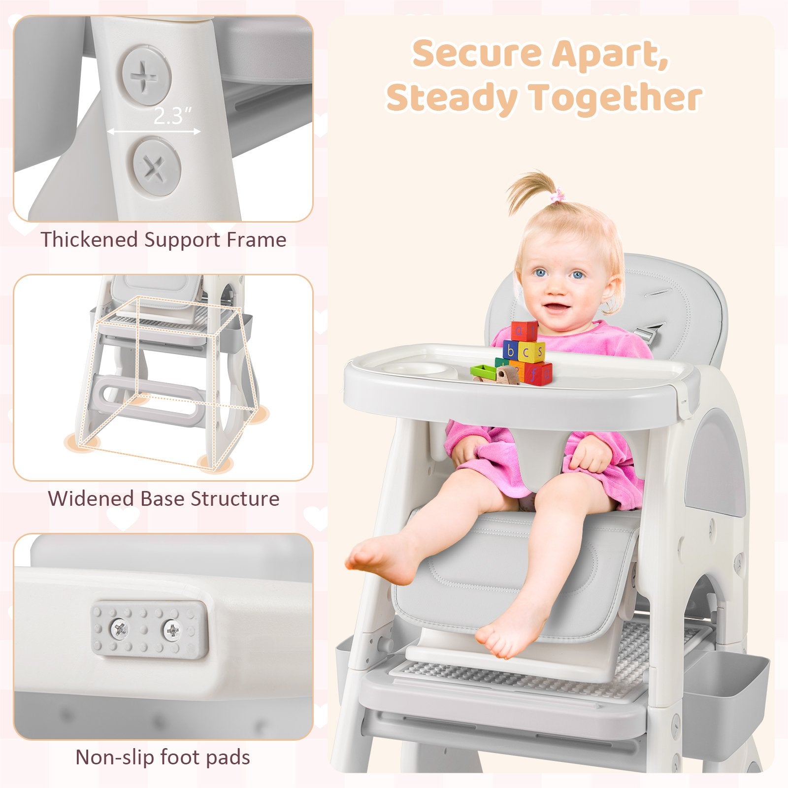 Convertible Baby High Chair with Double-layer Tray and Adjustable Backrest, Pink High Chairs at Gallery Canada