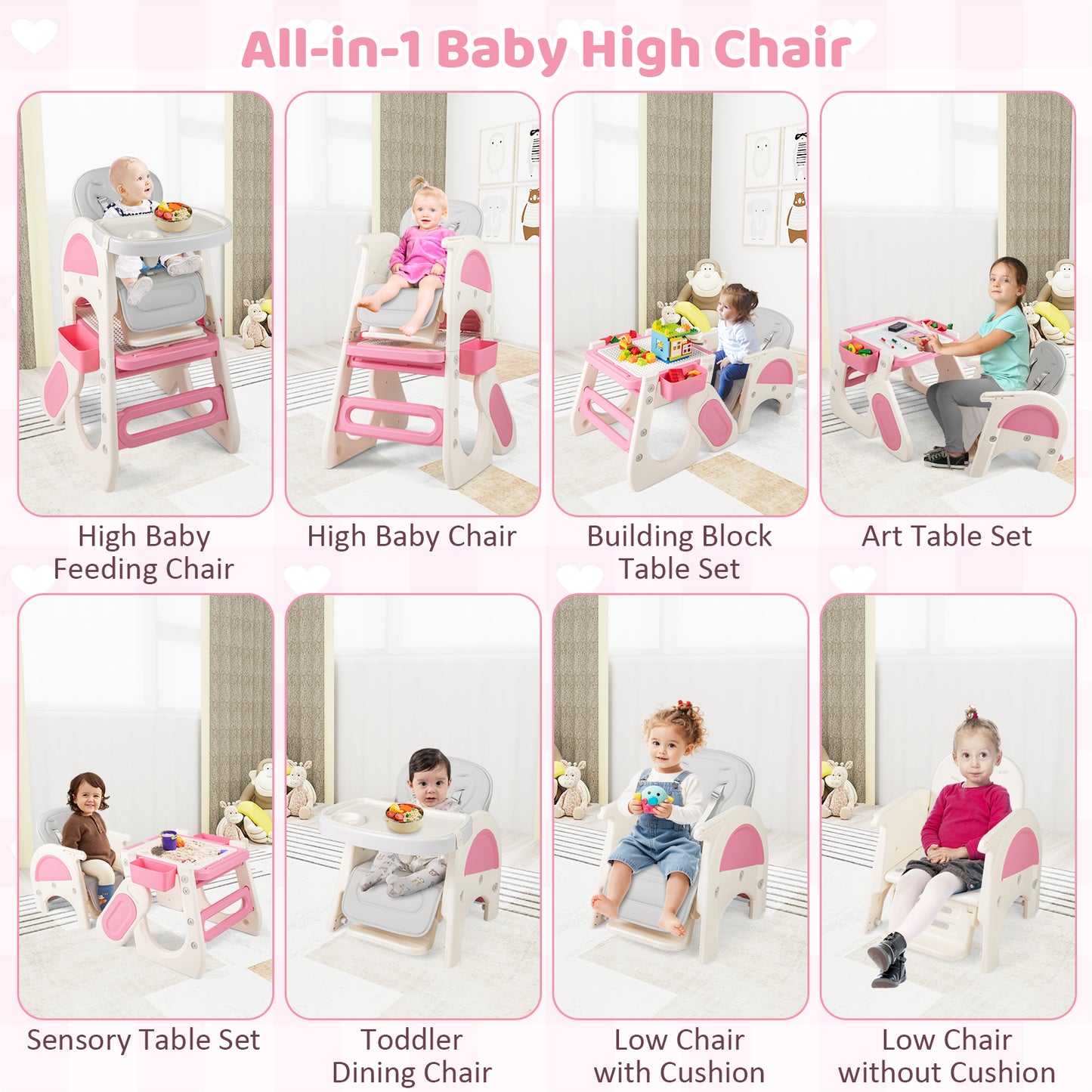 Convertible Baby High Chair with Double-layer Tray and Adjustable Backrest, Pink High Chairs at Gallery Canada