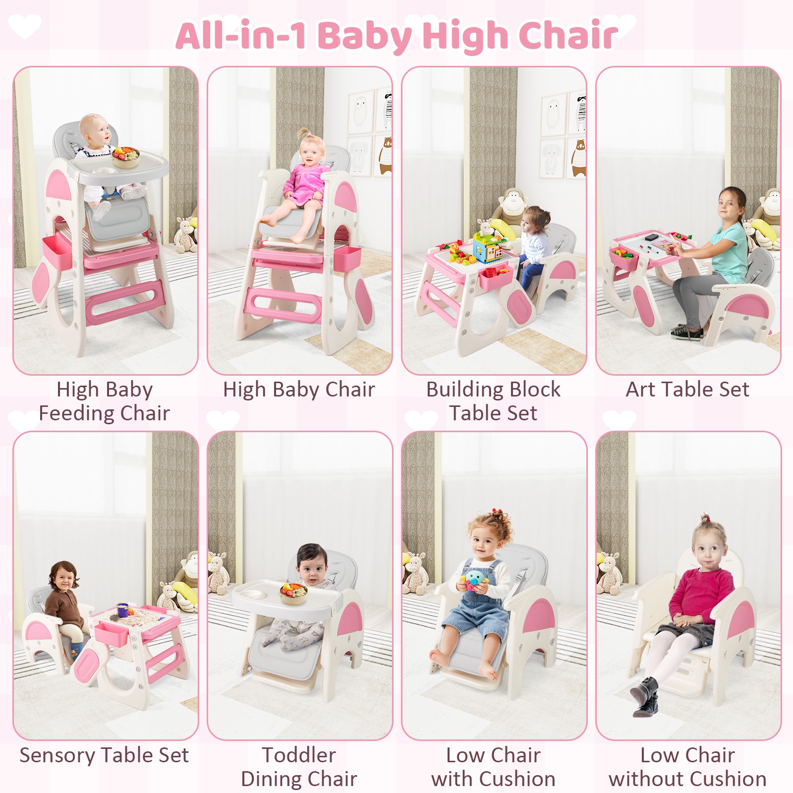 Convertible Baby High Chair with Double-layer Tray and Adjustable Backrest, Pink High Chairs at Gallery Canada