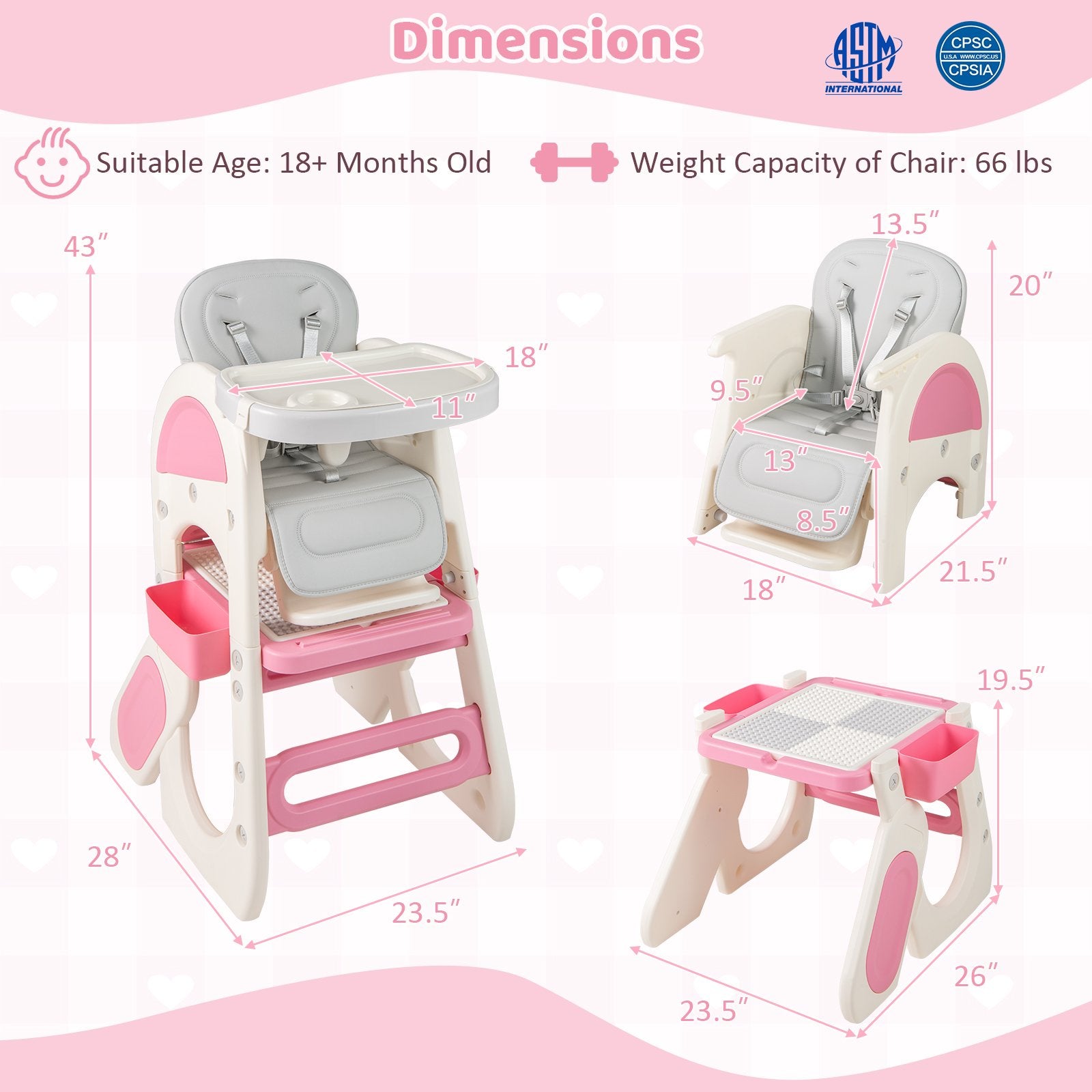 Convertible Baby High Chair with Double-layer Tray and Adjustable Backrest, Pink High Chairs at Gallery Canada