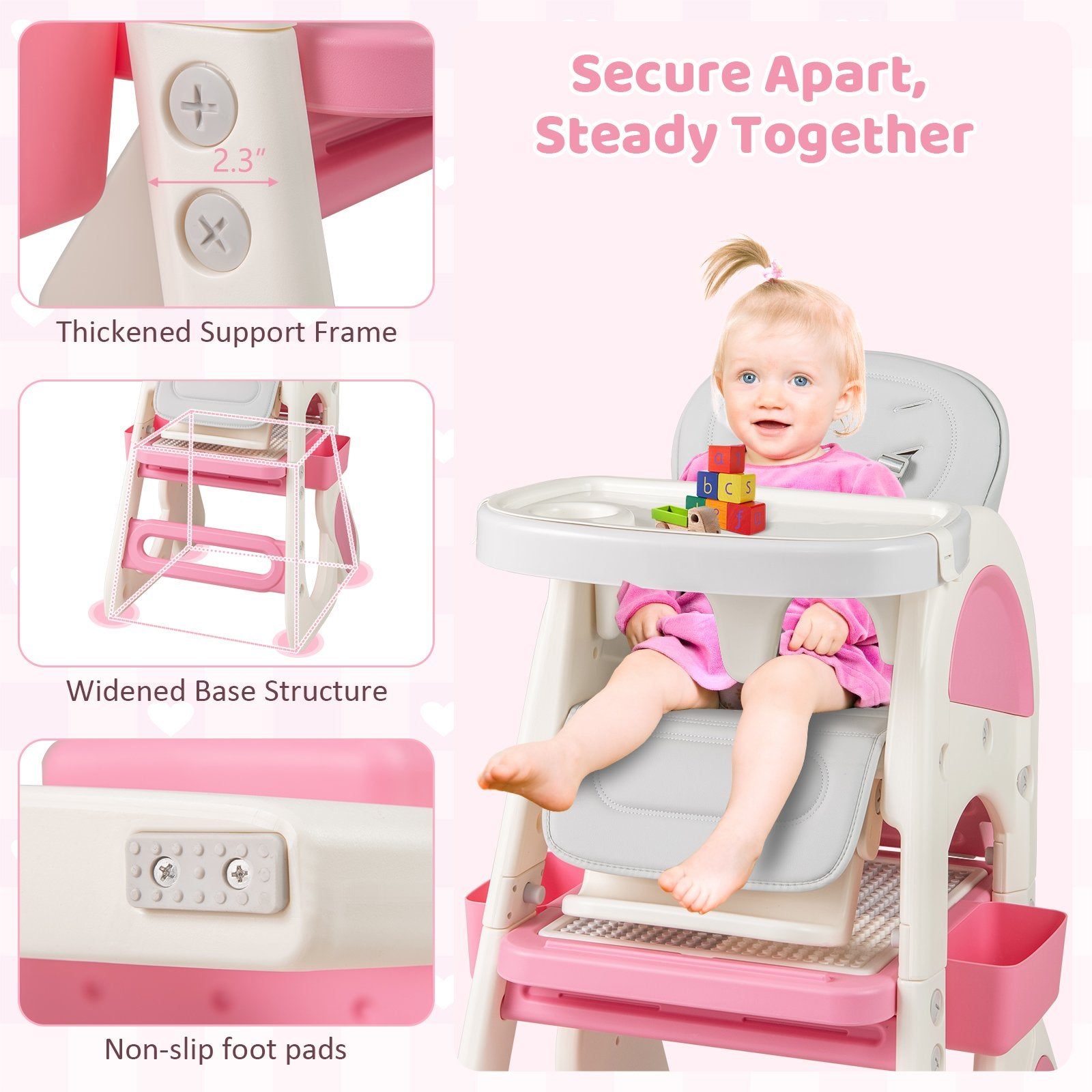 Convertible Baby High Chair with Double-layer Tray and Adjustable Backrest, Pink High Chairs at Gallery Canada