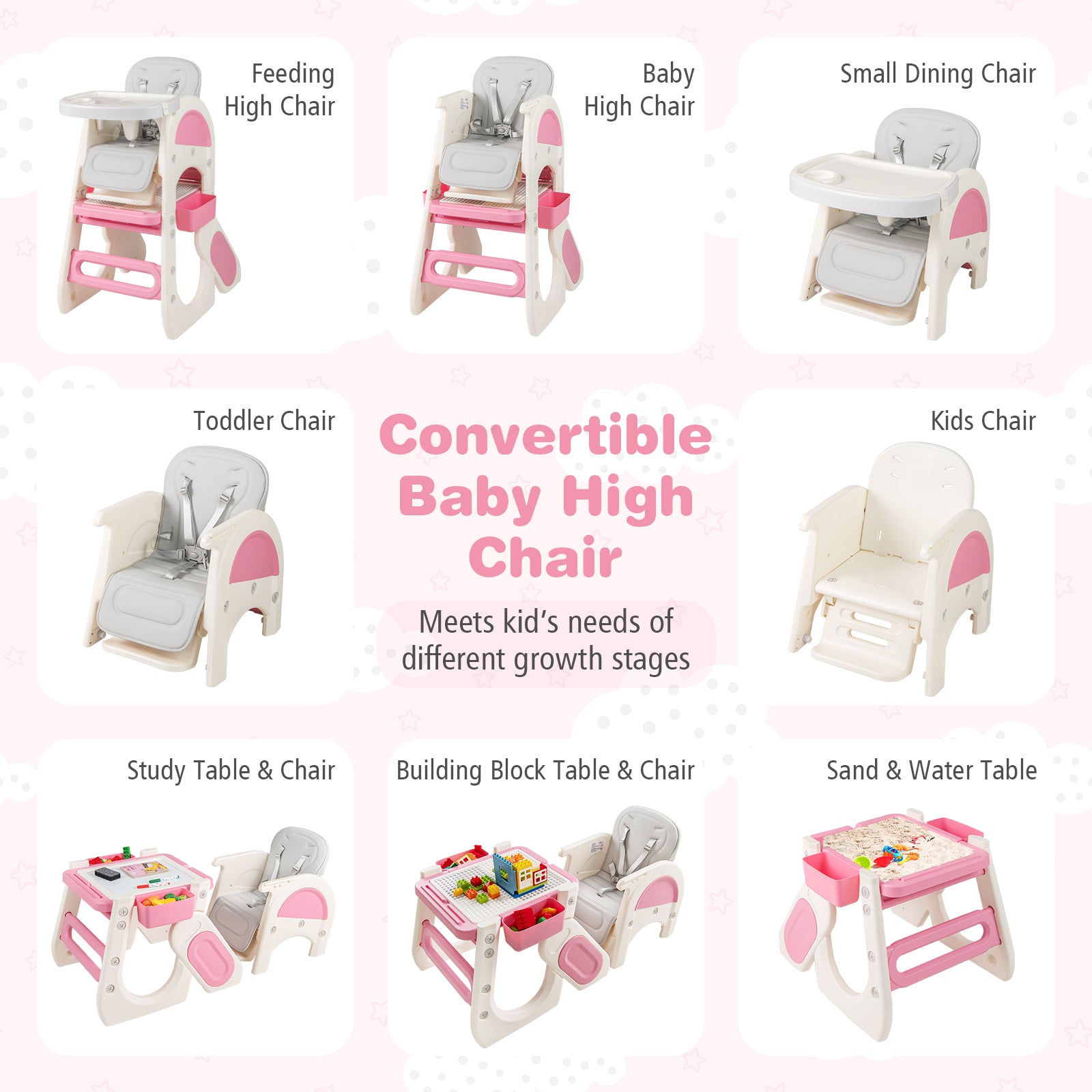 Convertible Baby High Chair, Double-Layer Tray, Adjustable Backrest, Pink High Chairs at Gallery Canada