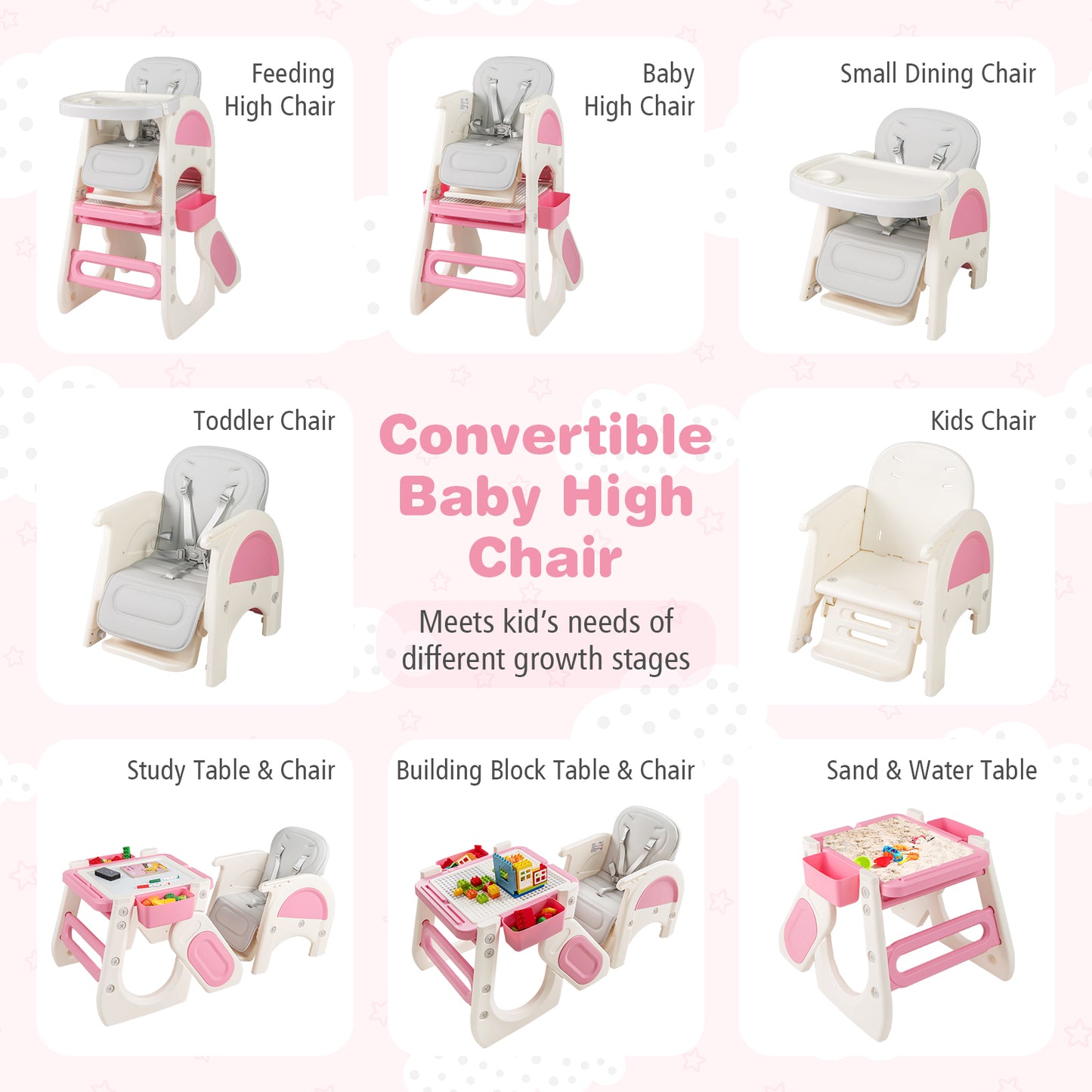 Convertible Baby High Chair, Double-Layer Tray, Adjustable Backrest, Pink High Chairs at Gallery Canada