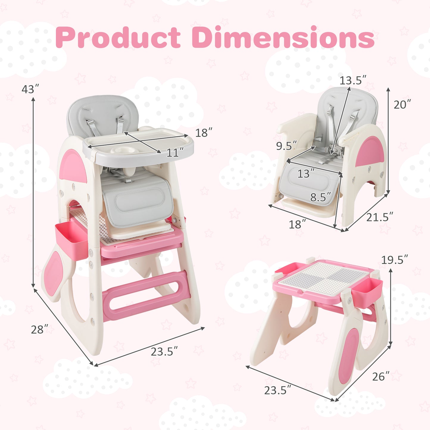 Convertible Baby High Chair, Double-Layer Tray, Adjustable Backrest, Pink High Chairs at Gallery Canada