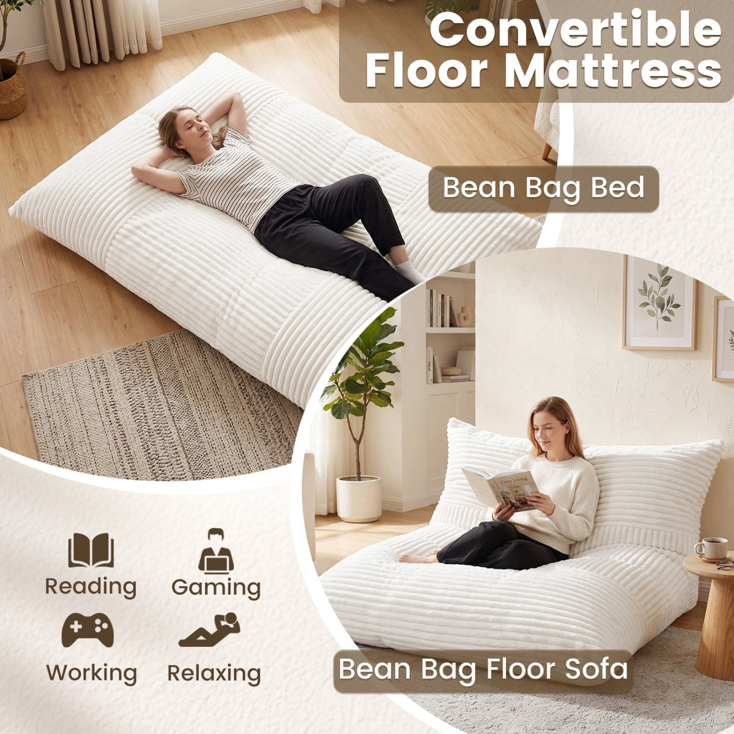Convertible Bean Bag Sofa, Machine-Washable Corduroy, Beige
