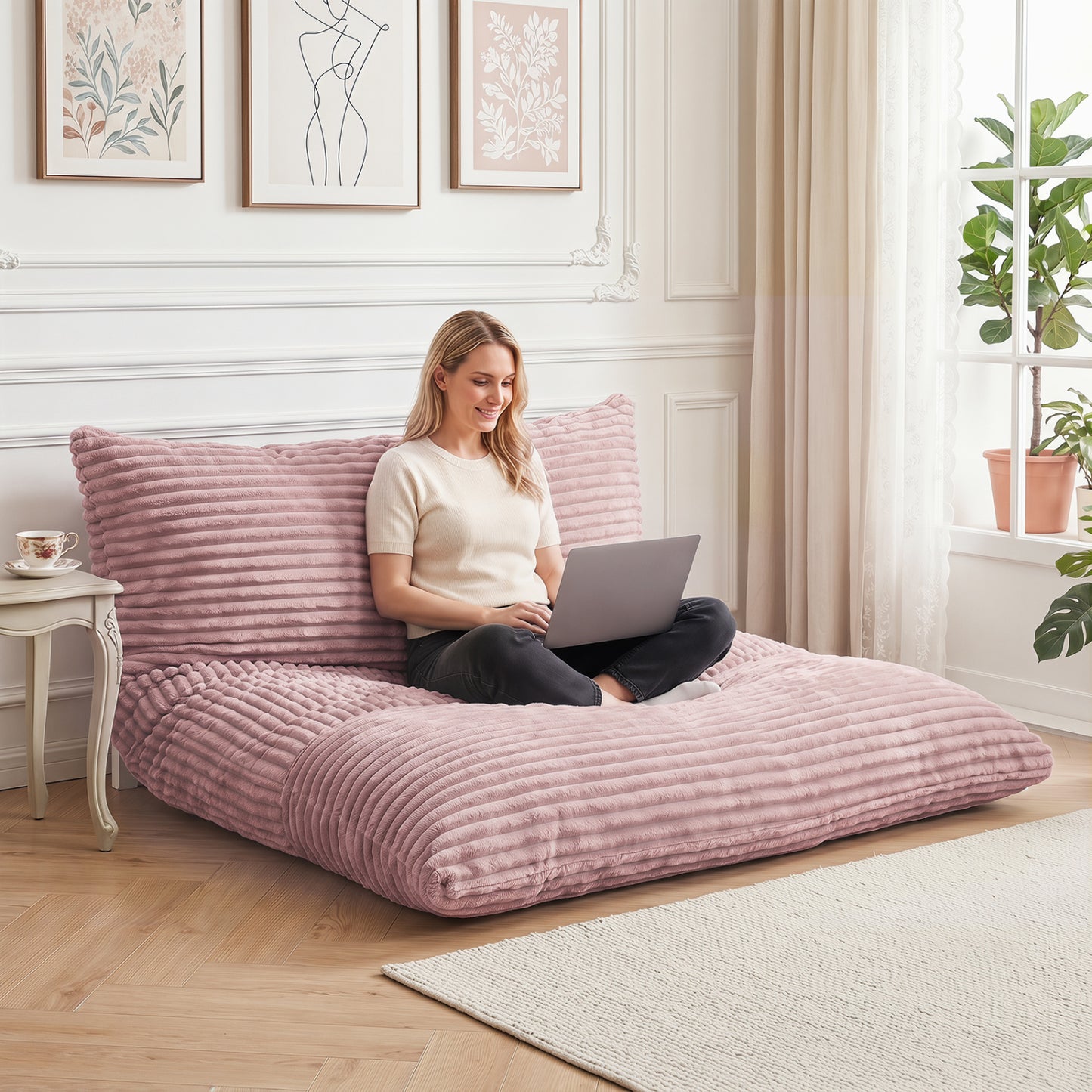 Convertible Bean Bag Floor Sofa, Corduroy Cover, Pink