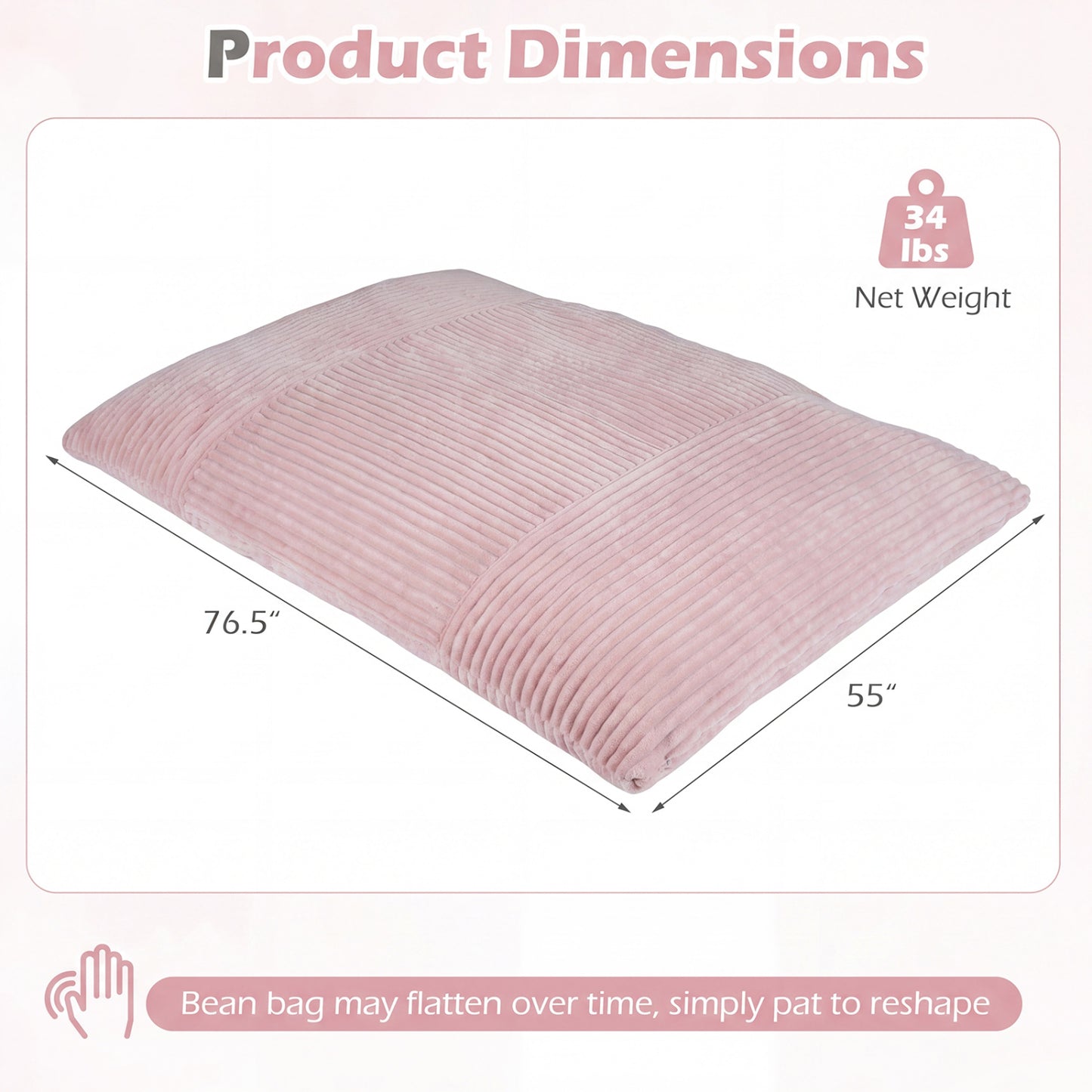 Convertible Bean Bag Floor Sofa, Corduroy Cover, Pink