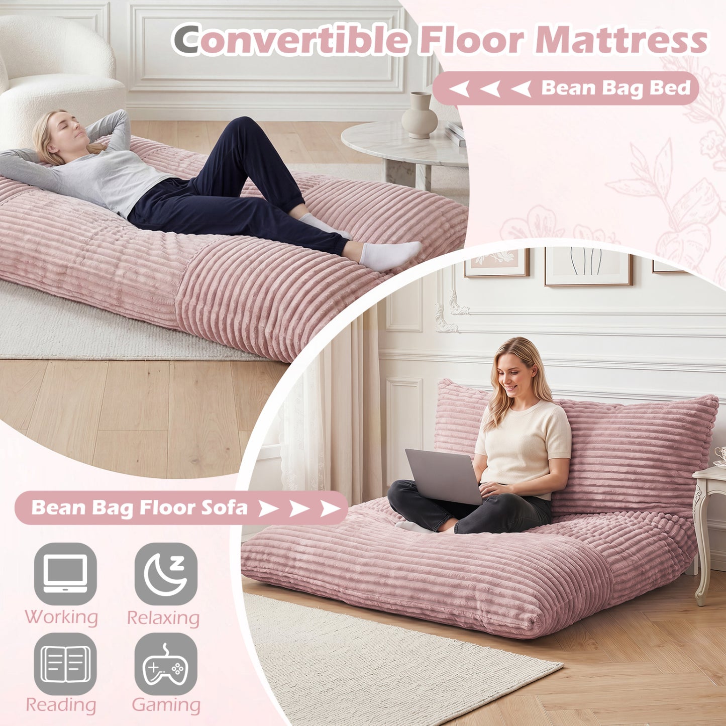 Convertible Bean Bag Floor Sofa, Corduroy Cover, Pink
