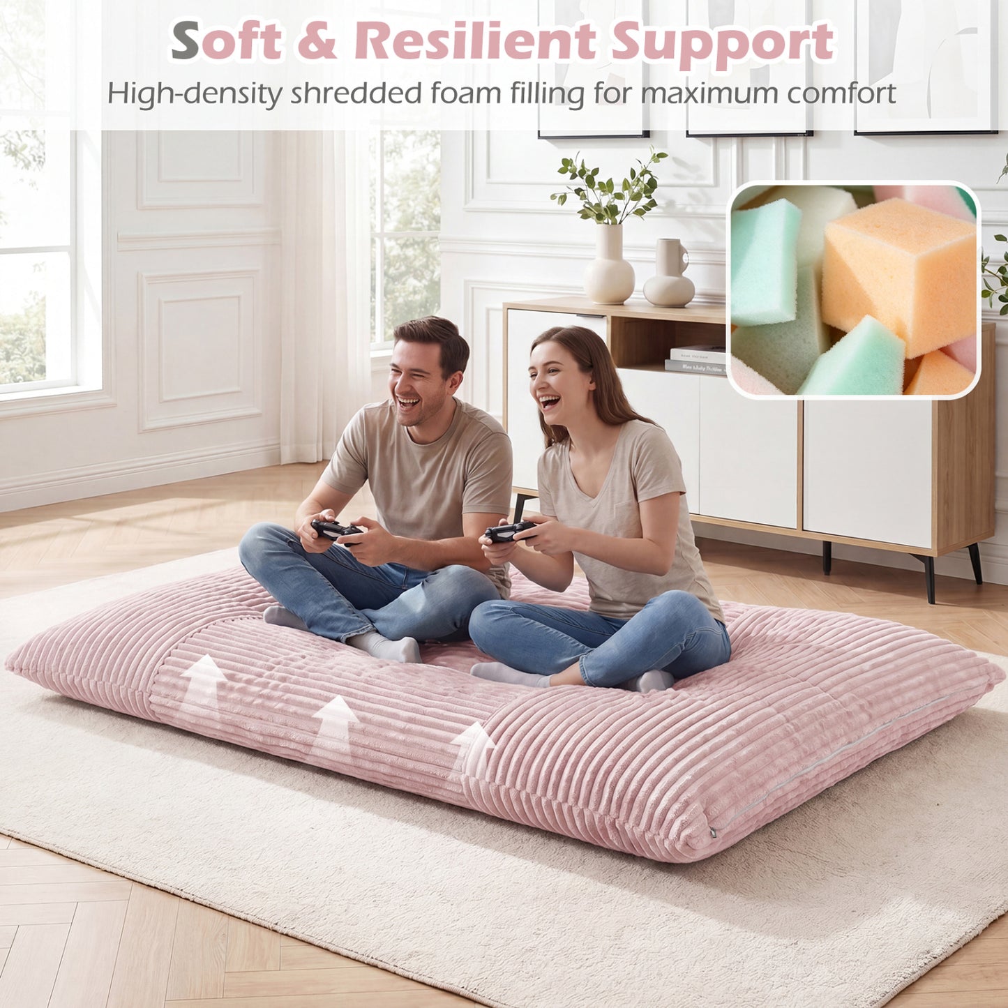 Convertible Bean Bag Floor Sofa, Corduroy Cover, Pink