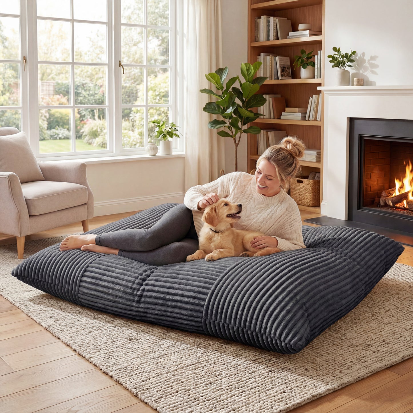 Convertible Bean Bag Floor Sofa, Machine-Washable Corduroy, Dark Gray