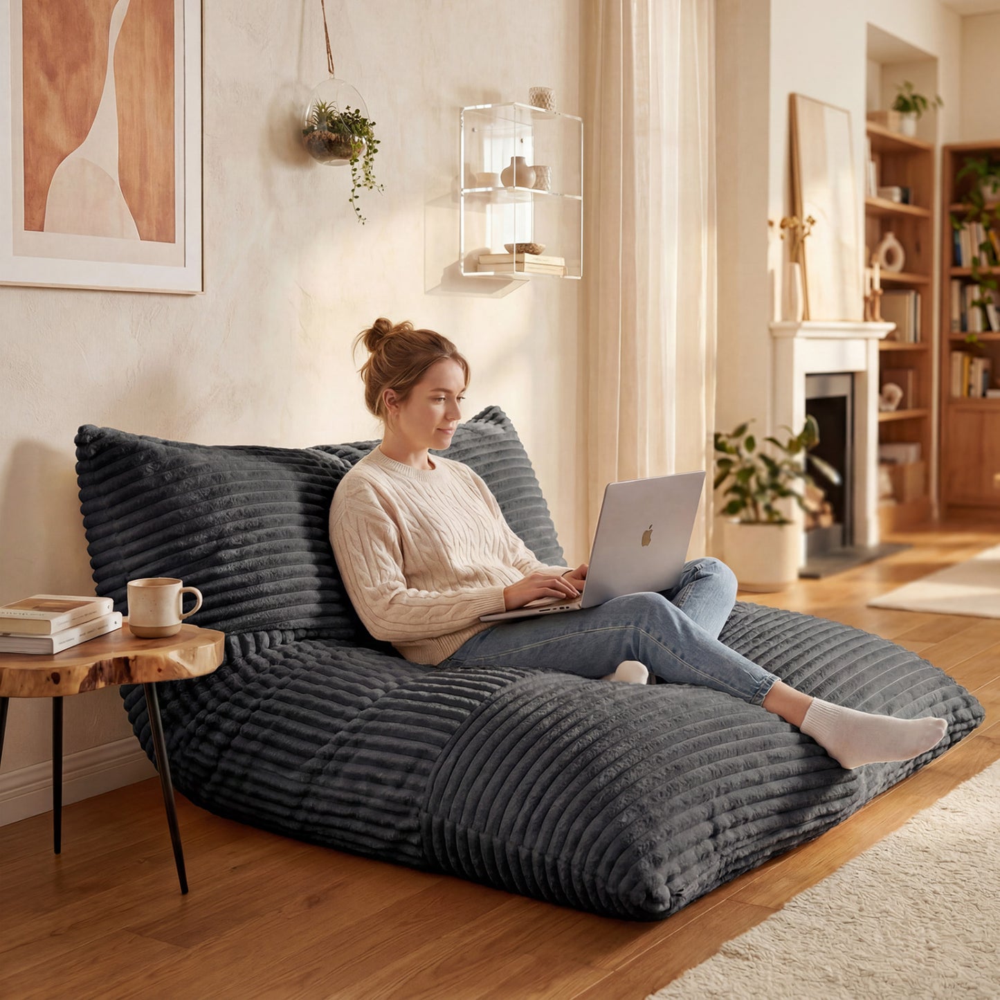 Convertible Bean Bag Floor Sofa, Machine-Washable Corduroy, Dark Gray