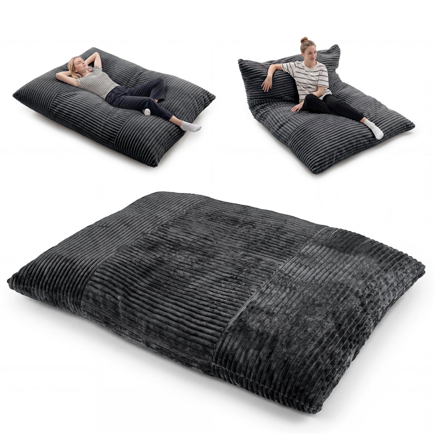 Convertible Bean Bag Floor Sofa, Machine-Washable Corduroy, Dark Gray