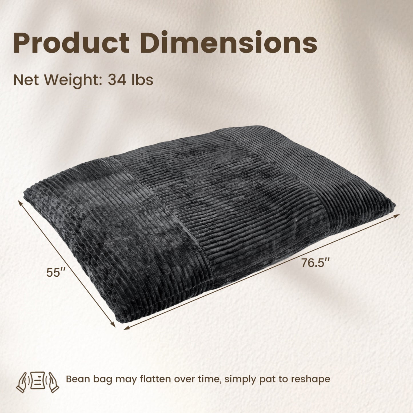 Convertible Bean Bag Floor Sofa, Machine-Washable Corduroy, Dark Gray