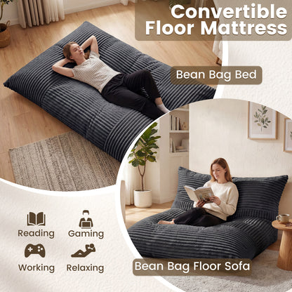 Convertible Bean Bag Floor Sofa, Machine-Washable Corduroy, Dark Gray