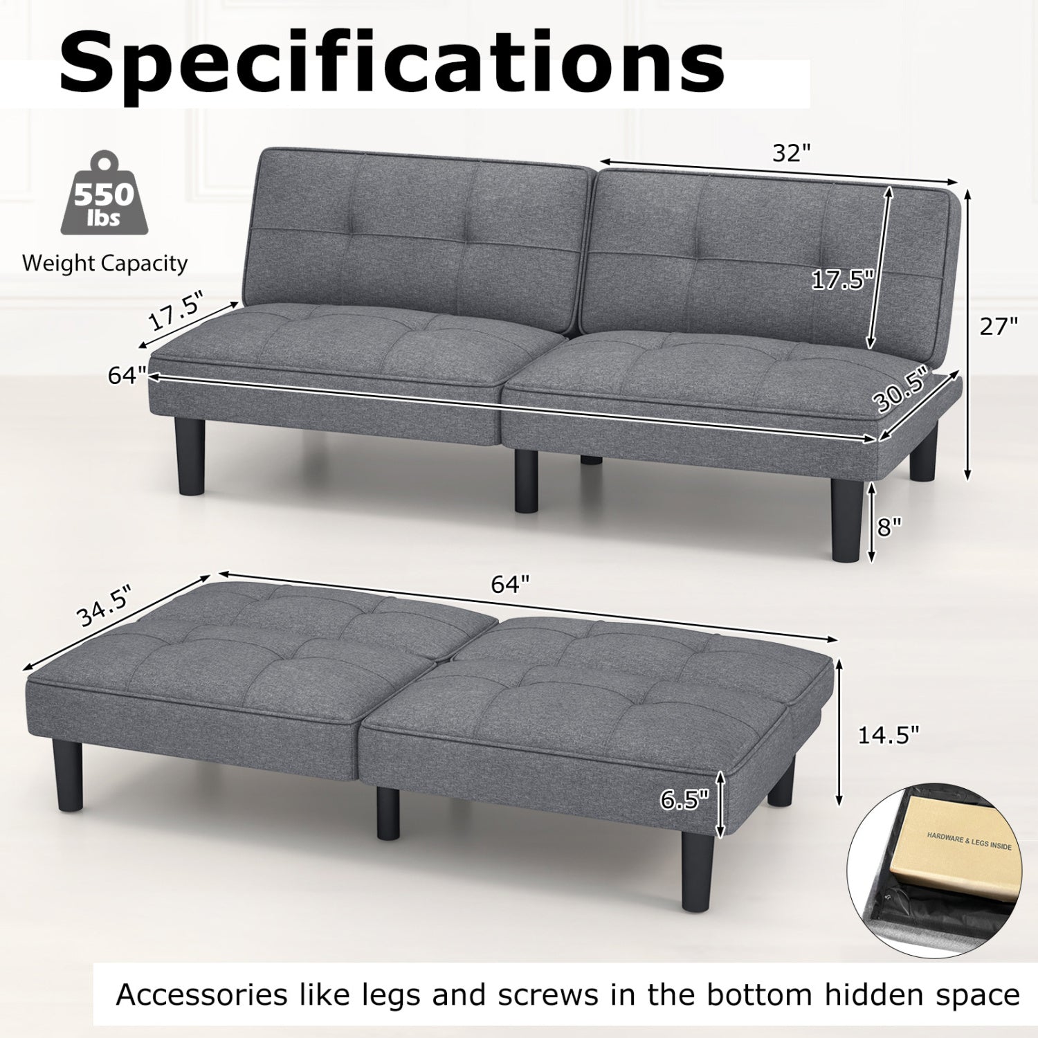 Convertible Folding Futon Sofa Bed, 6-Position Adjustable Backrest, Gray Sofas & Loveseats at Gallery Canada