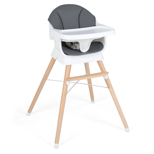 Chaise haute convertible, bois massif, plateau 3 positions, gris