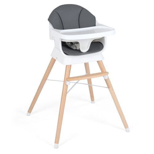 Convertible High Chair, Solid Wood, 3-Position Tray, Gray