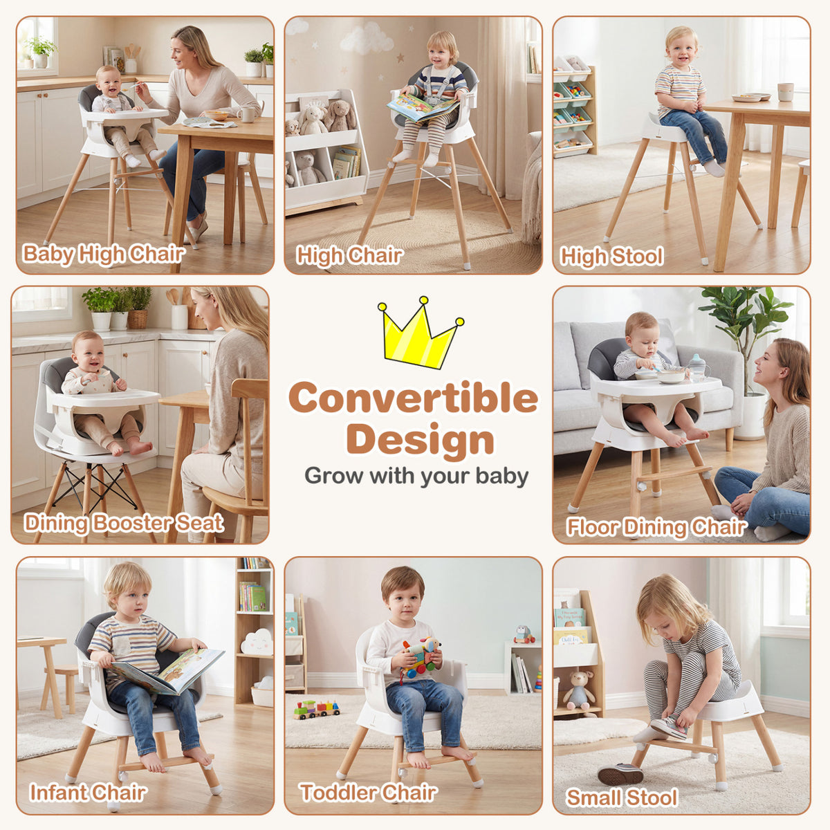 Convertible High Chair, Solid Wood, 3-Position Tray, Gray High Chairs at Gallery Canada