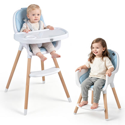 Chaise haute convertible, harnais 5 points, bleu