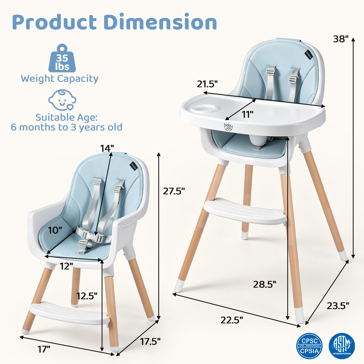 Chaise haute convertible, harnais 5 points, bleu