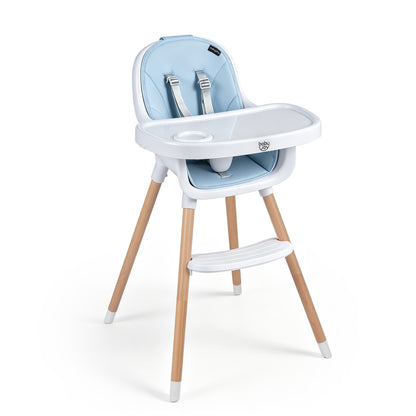 Chaise haute convertible, harnais 5 points, bleu