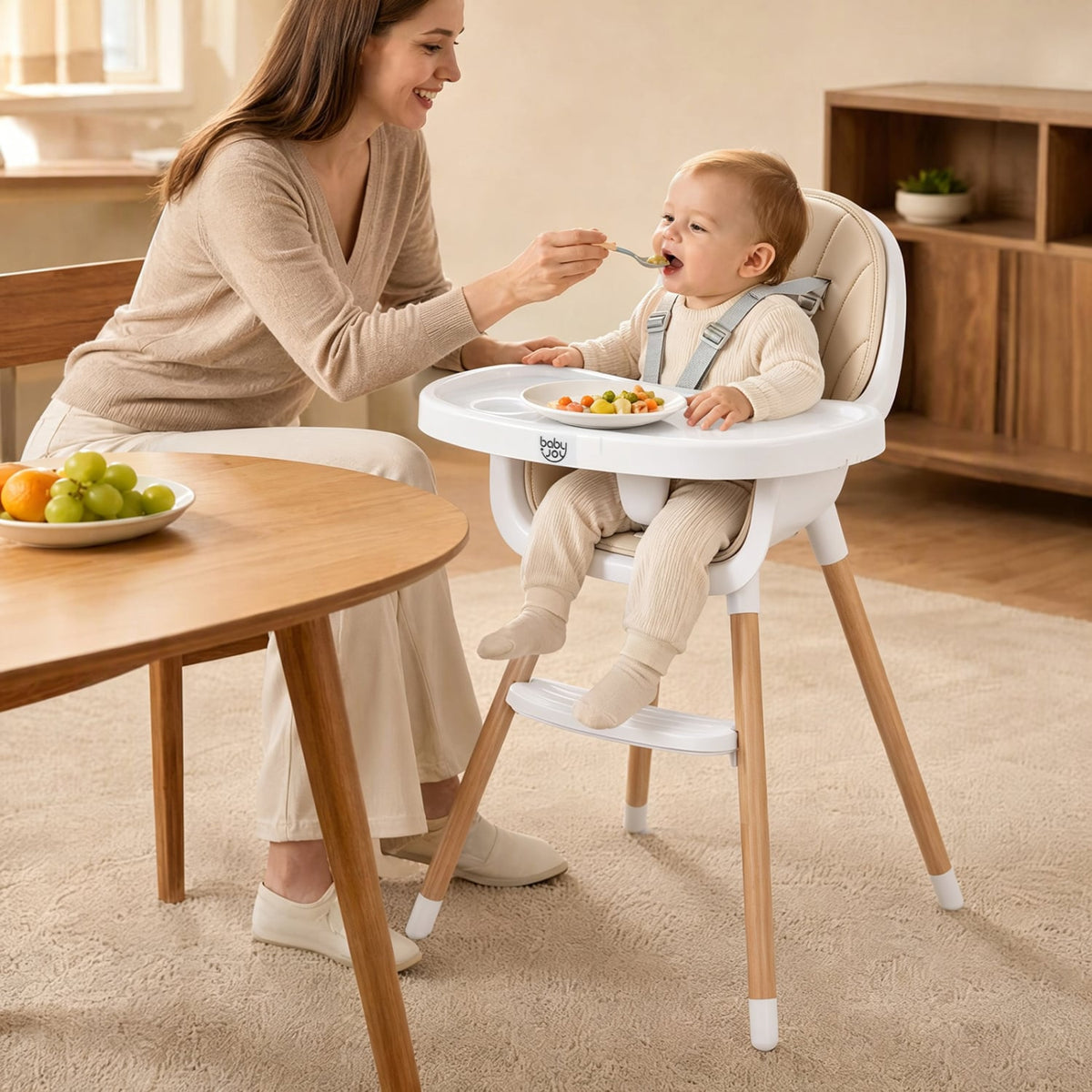 Convertible High Chair With 5-Point Harness For Babies, Toddlers, Beige