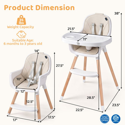 Convertible High Chair With 5-Point Harness For Babies, Toddlers, Beige