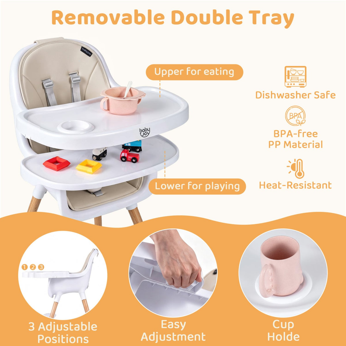 Convertible High Chair With 5-Point Harness For Babies, Toddlers, Beige