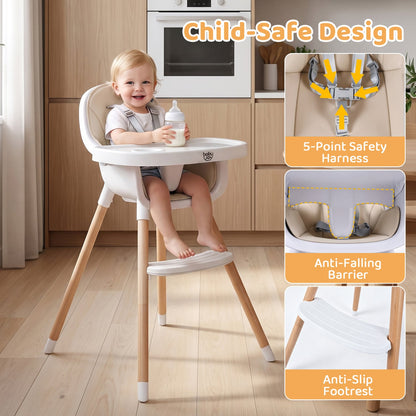 Convertible High Chair With 5-Point Harness For Babies, Toddlers, Beige