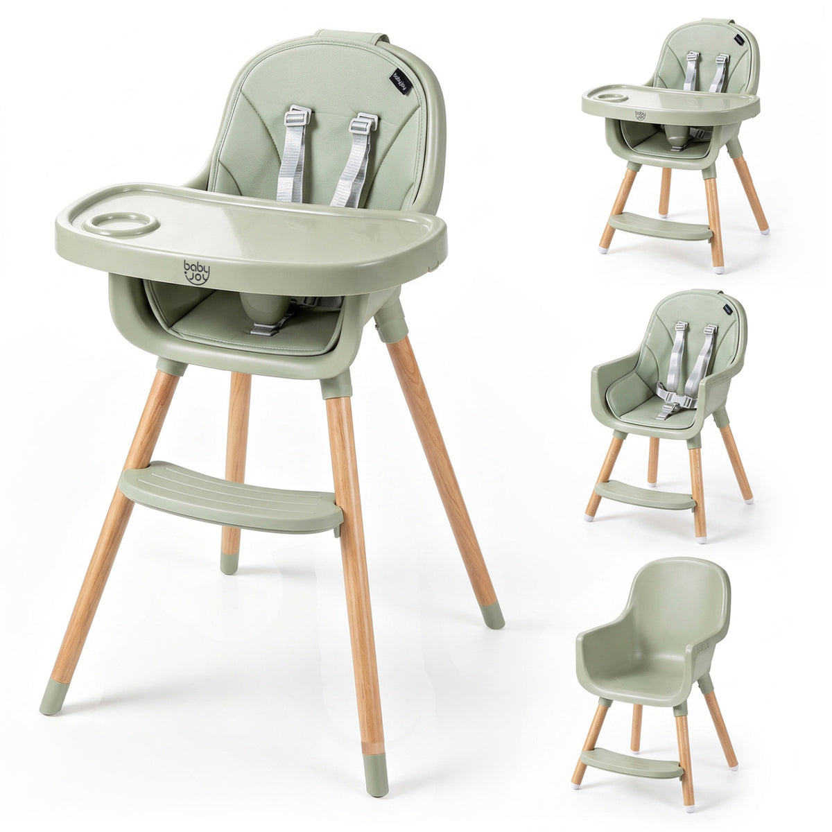 Chaise haute convertible, harnais 5 points, verte