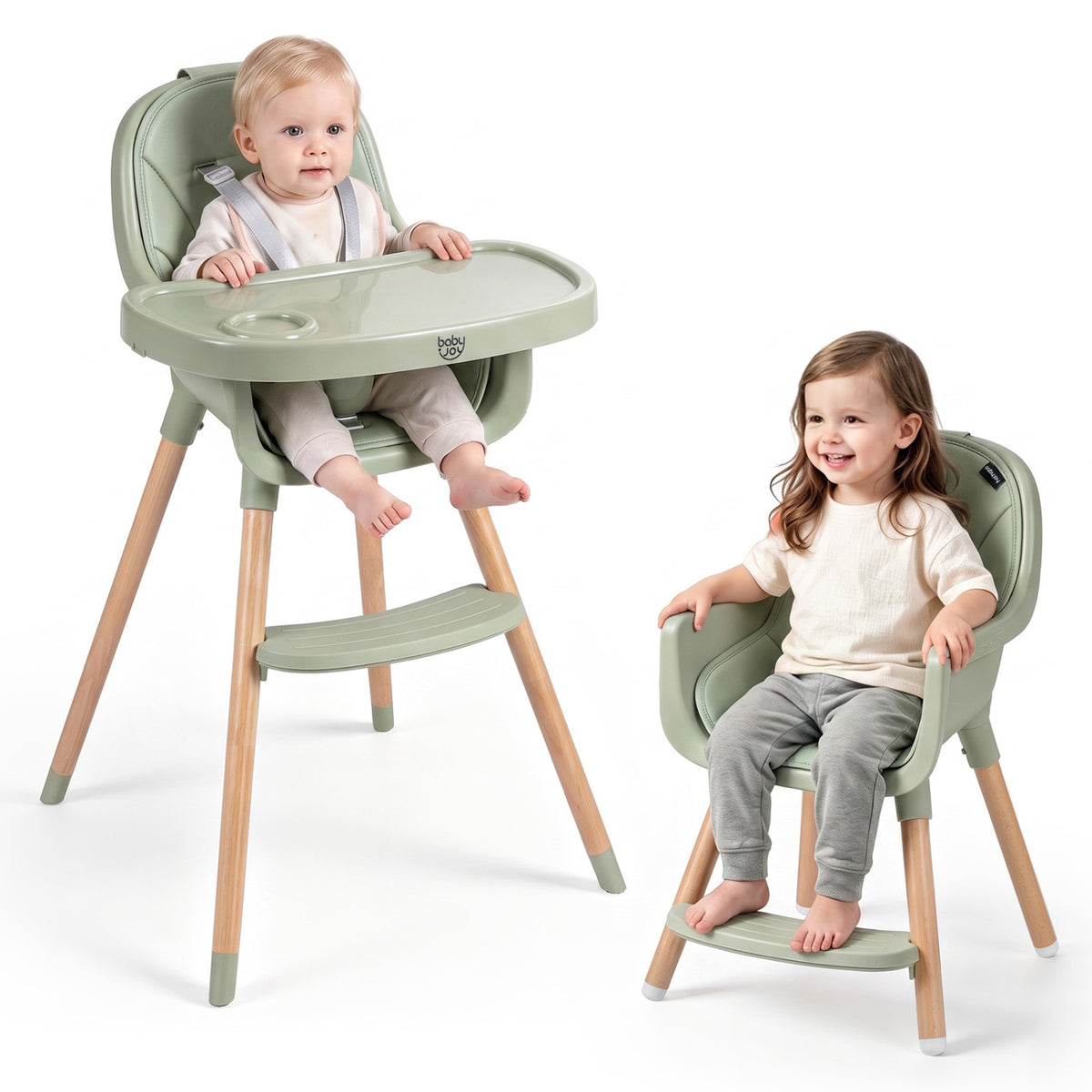 Chaise haute convertible, harnais 5 points, verte