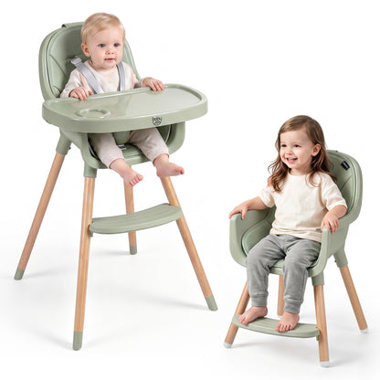 Chaise haute convertible, harnais 5 points, verte
