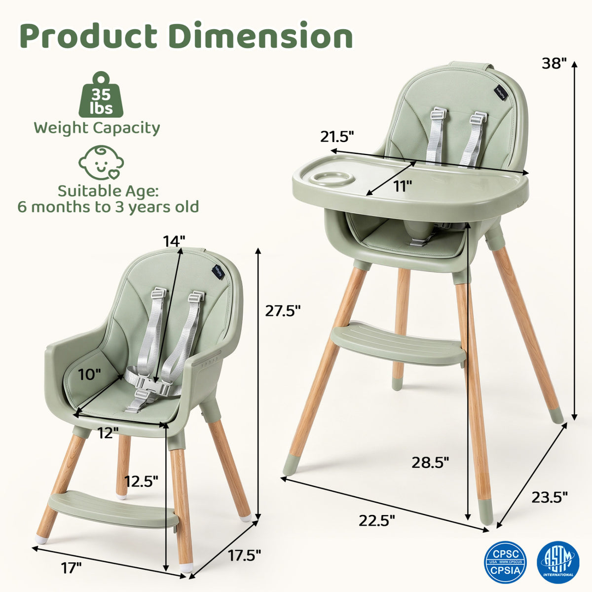 Chaise haute convertible, harnais 5 points, verte