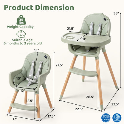 Chaise haute convertible, harnais 5 points, verte