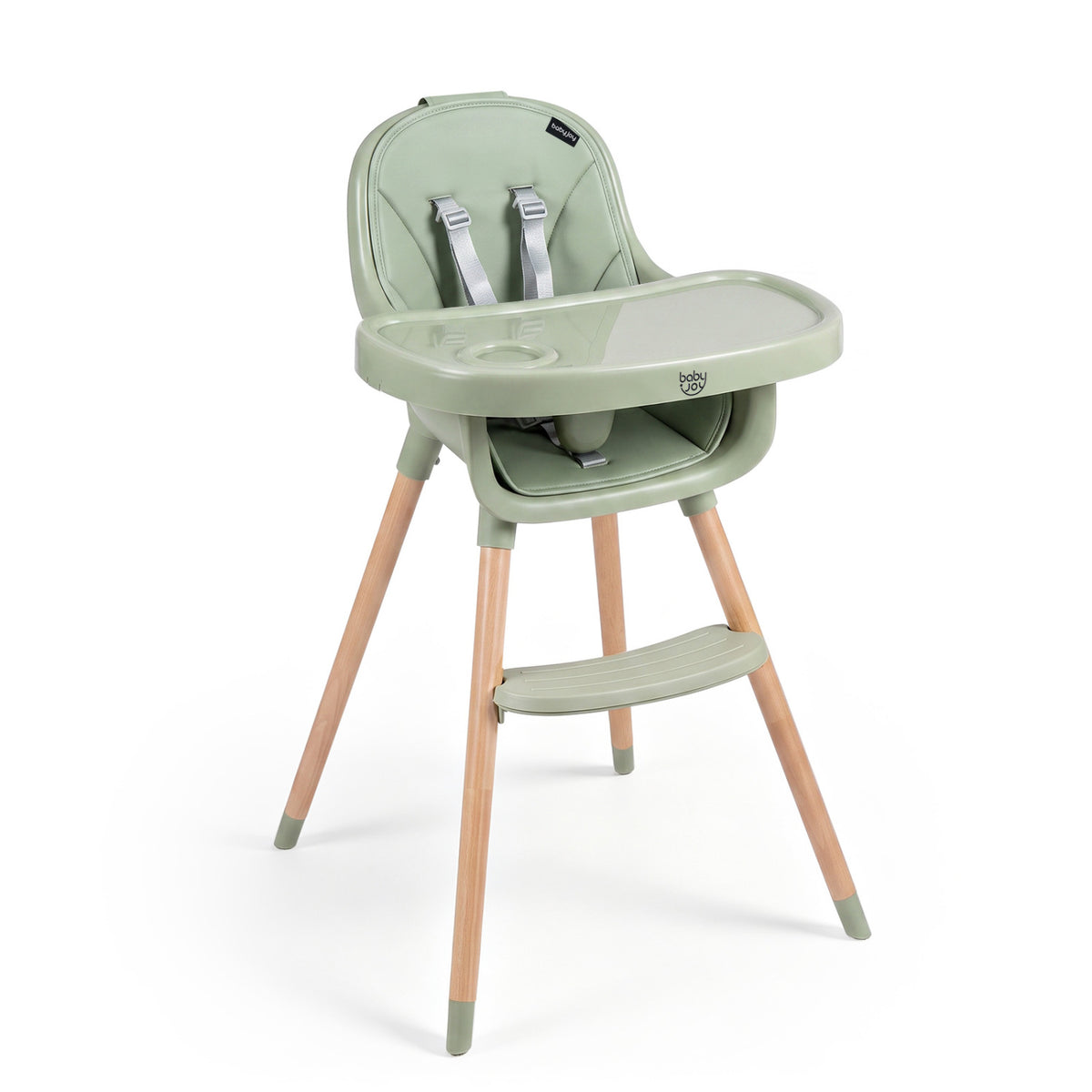Chaise haute convertible, harnais 5 points, verte