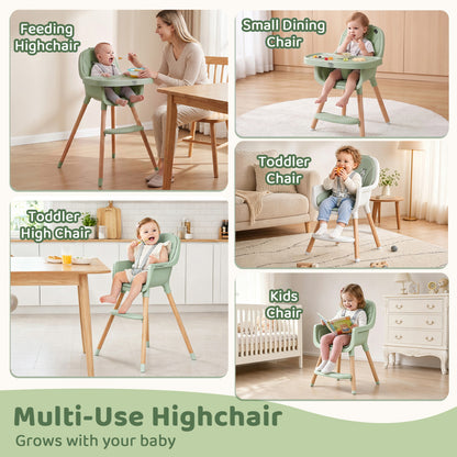 Chaise haute convertible, harnais 5 points, verte