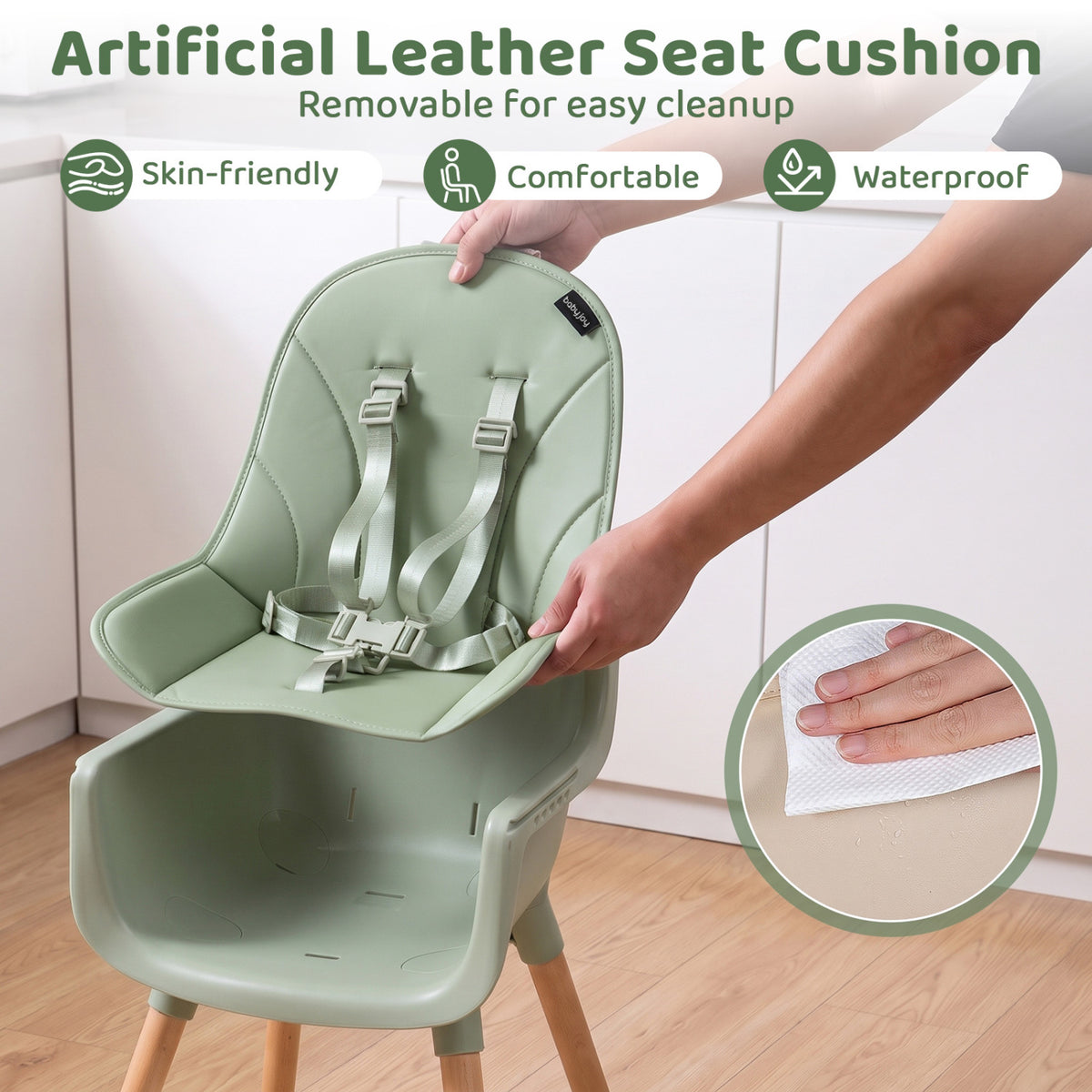 Chaise haute convertible, harnais 5 points, verte