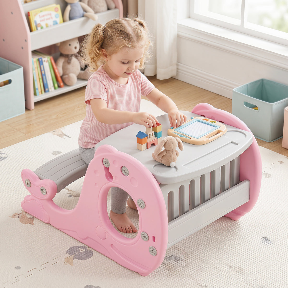 Kids Activity Table Set Toddler Easel, Whiteboard, Pink