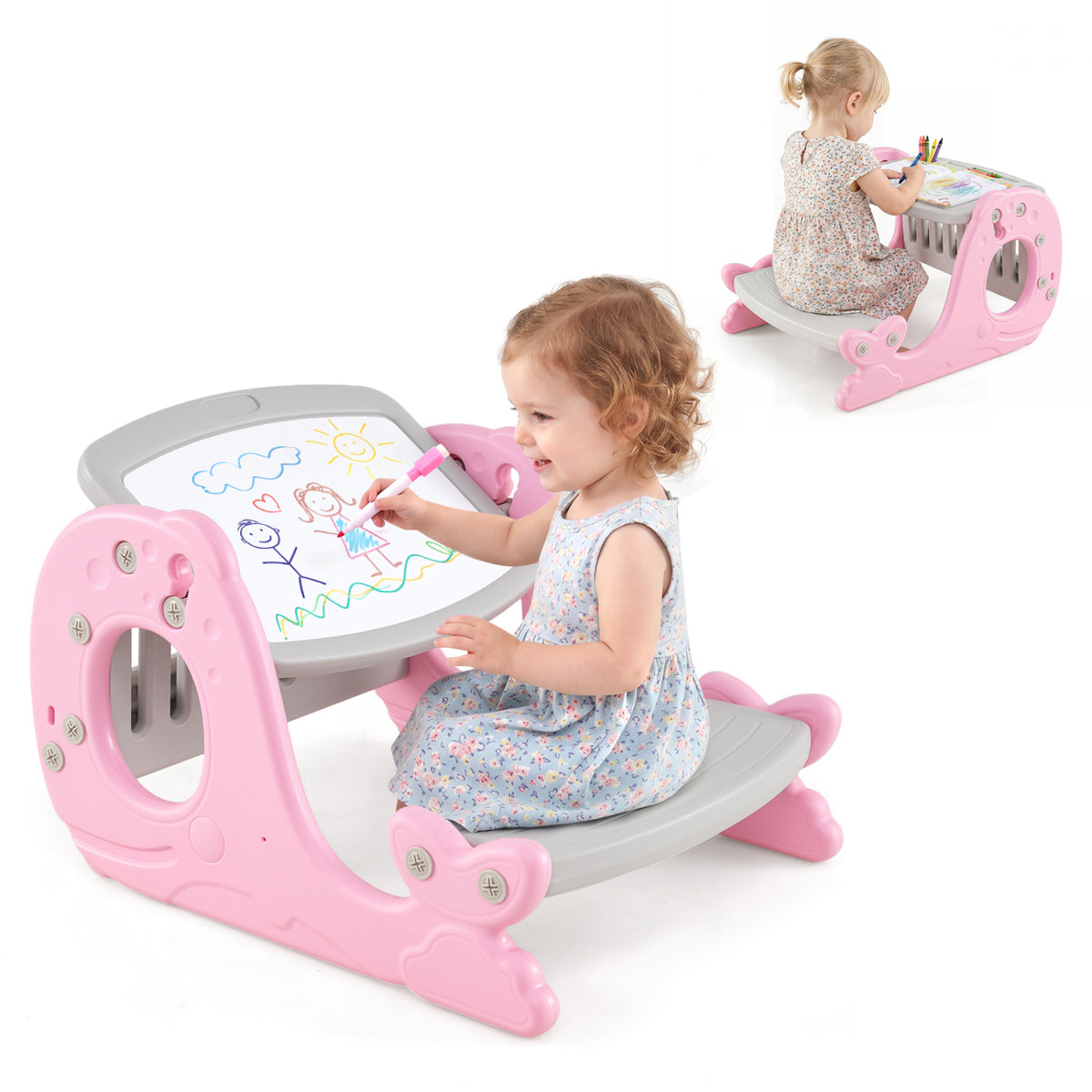 Kids Activity Table Set Toddler Easel, Whiteboard, Pink